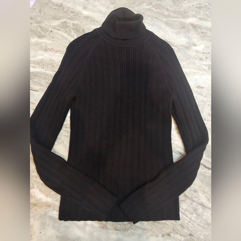 Pria Women’s Black Ribbed Turtleneck Sweater Size M 100% Cotton Stretch Knit